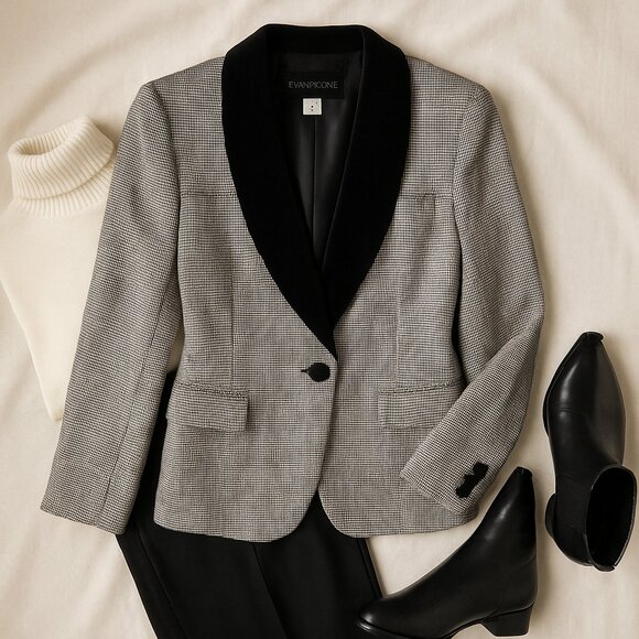 Vintage Evan-Picone Wool Blazer w/ Velvet Shawl Collar – Made in USA, Size 12 - Picture 4 of 16